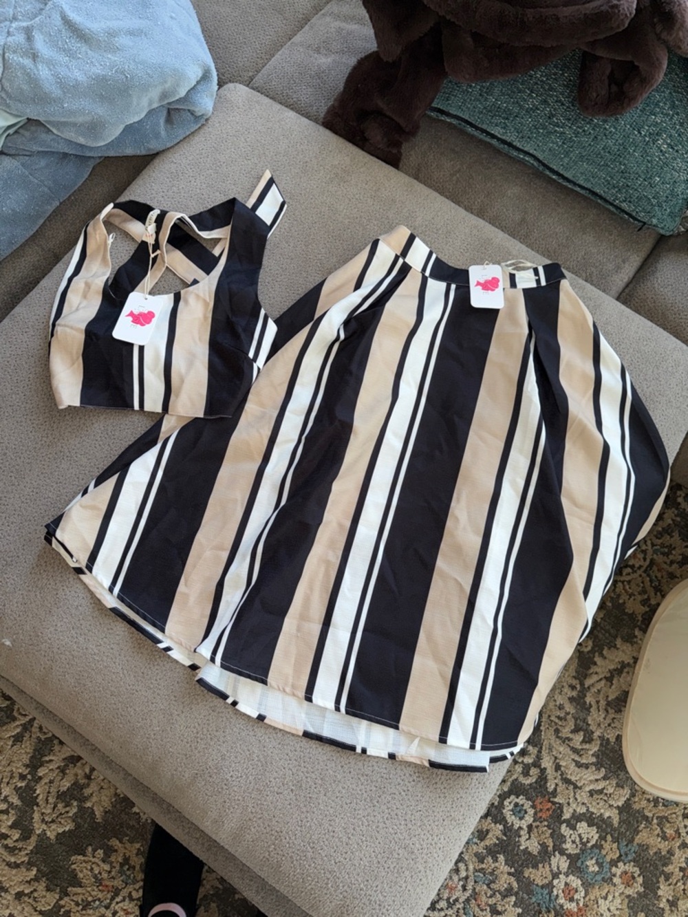 L'ATISTE Black, White & Tan Striped Skirt Set